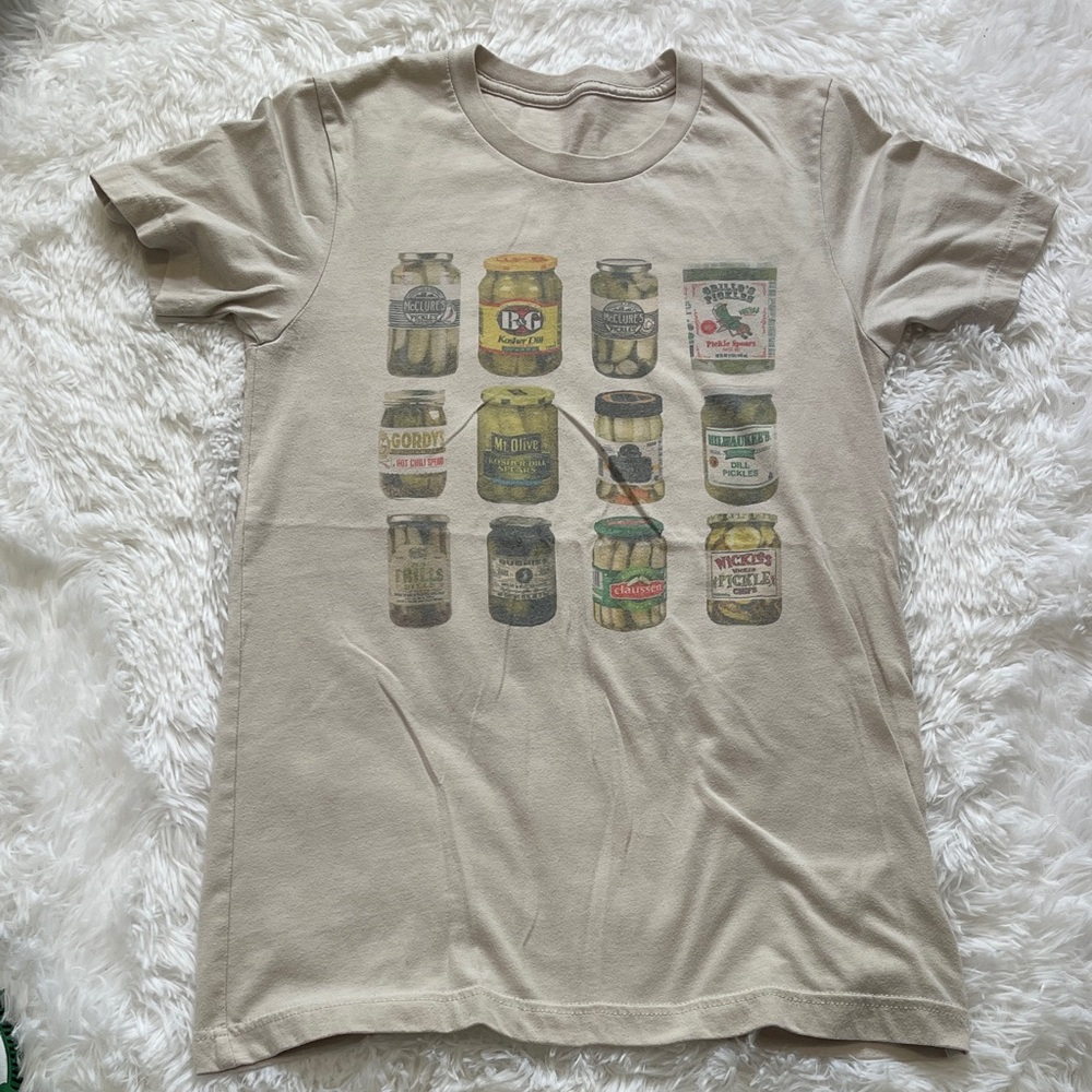 Beige Graphic T-Shirt with Pickle Jar Print